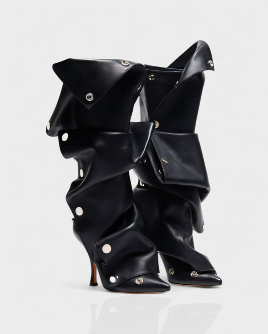 KIVARA Stiletto Heel Fold-Over Rivet Knee-High Boots