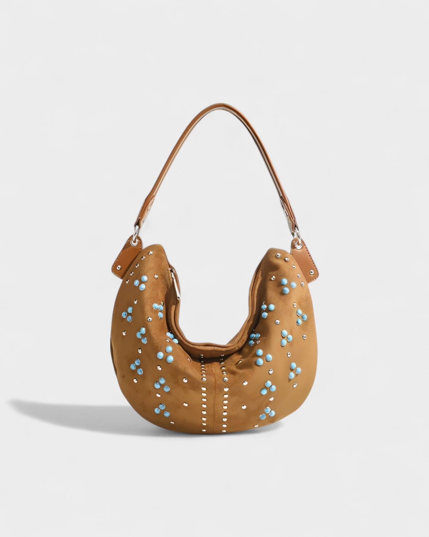 MADIE Turquoise Embellished Brown Suede Hobo Bag