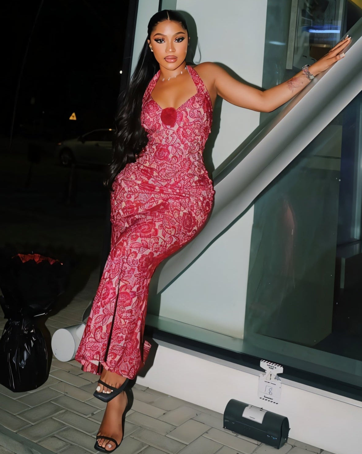 TYRAE Floral Lace Halter Maxi Dress