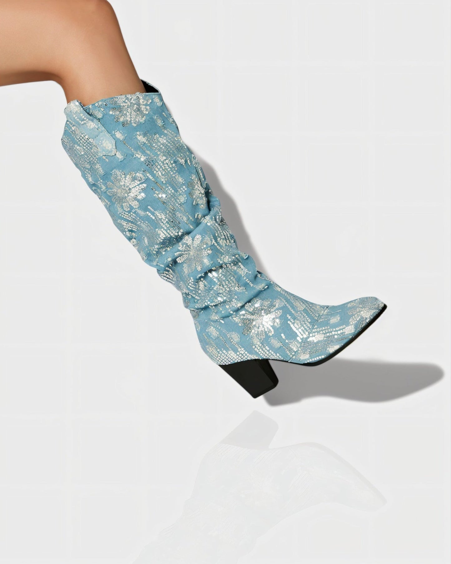 DIANNE Sequin Floral Denim Cowboy Boots
