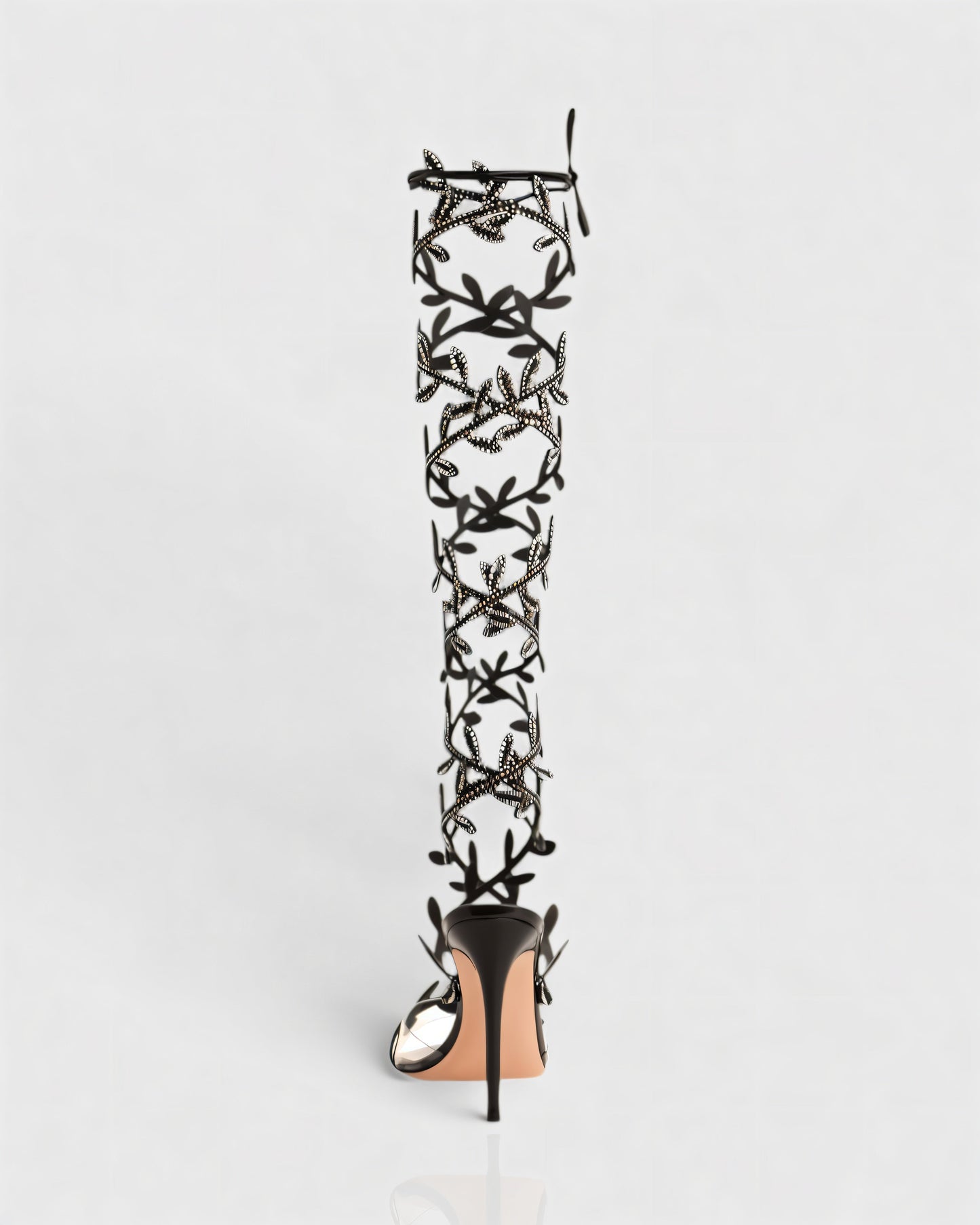 QUINA Leaf Embellished Lace-Up Stiletto Heels