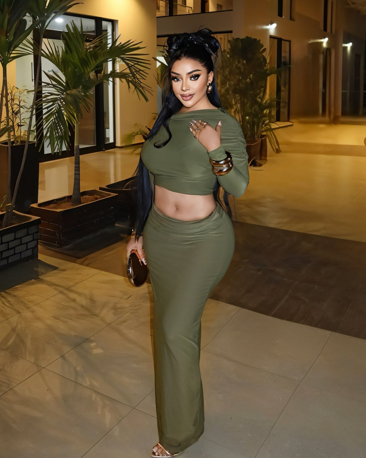 LUCINA Sleeve Oblique Top & Maxi Skirt Set