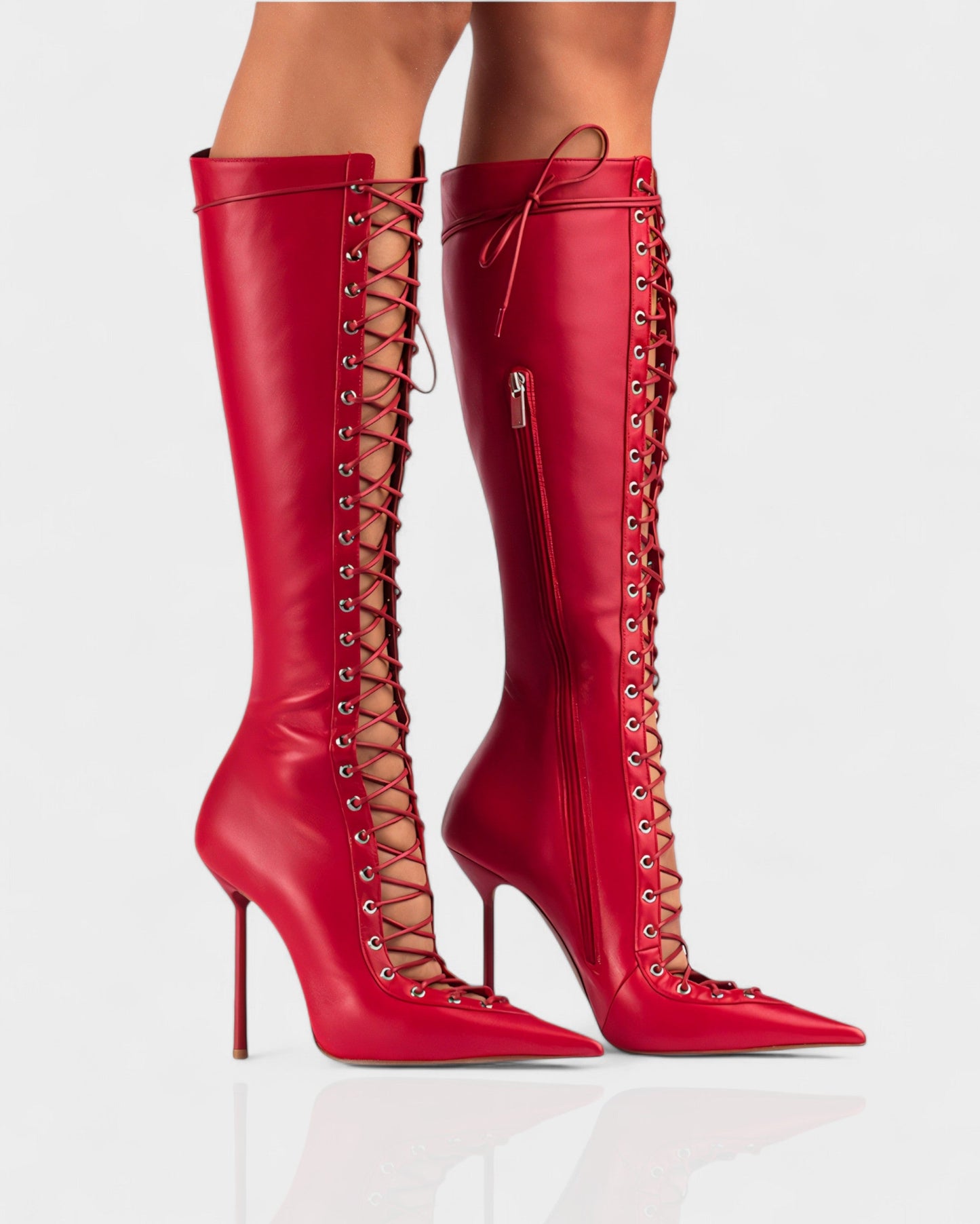 ESCAS Lace-Up Mesh Knee-High Stiletto Boots