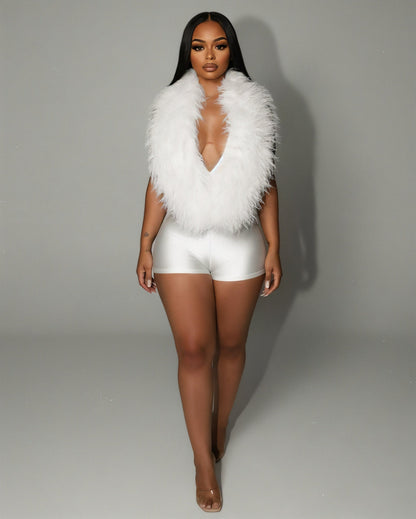 LANNY Deep V Neck Faux Feather Satin Romper