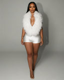 LANNY Deep V Neck Faux Feather Satin Romper