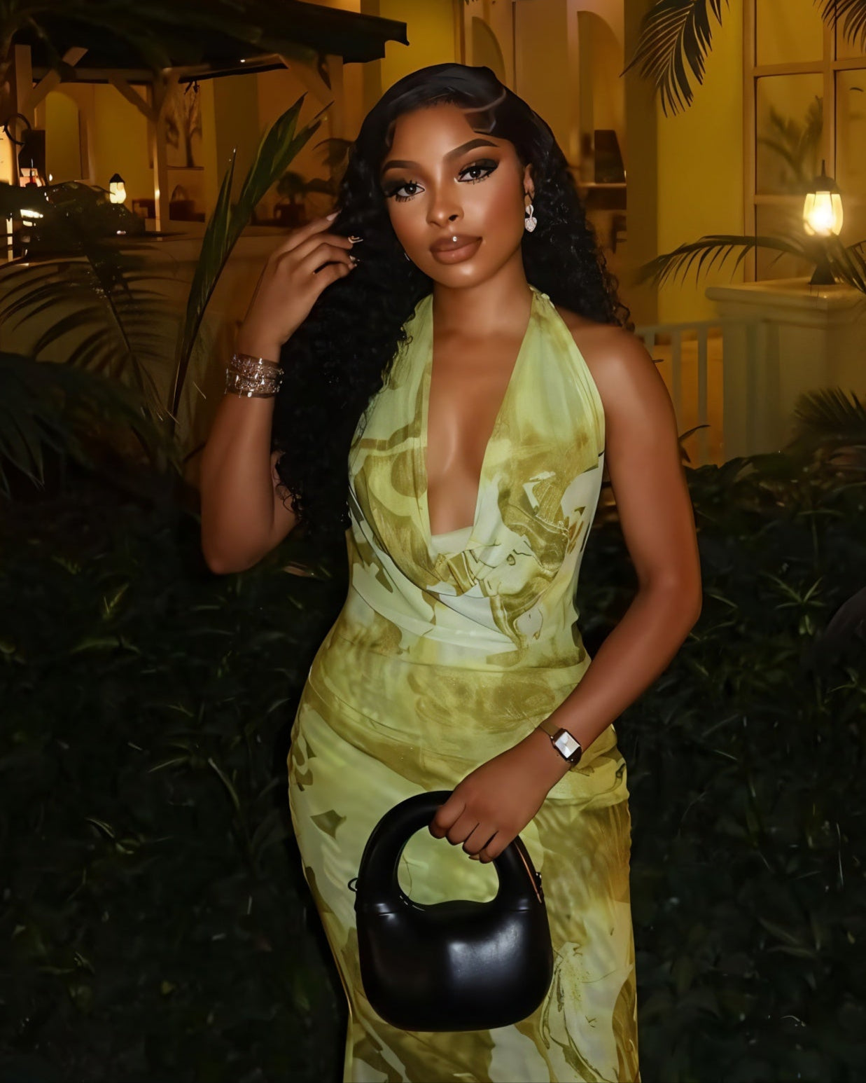 NUVIA Abstract Print Halter Maxi Dress