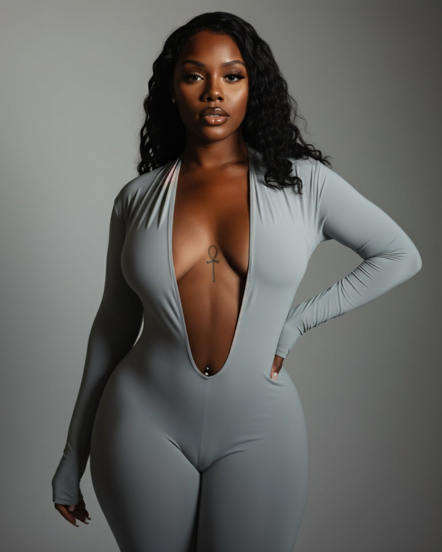 VEYONA Plunge Neck Long Sleeve Jumpsuit
