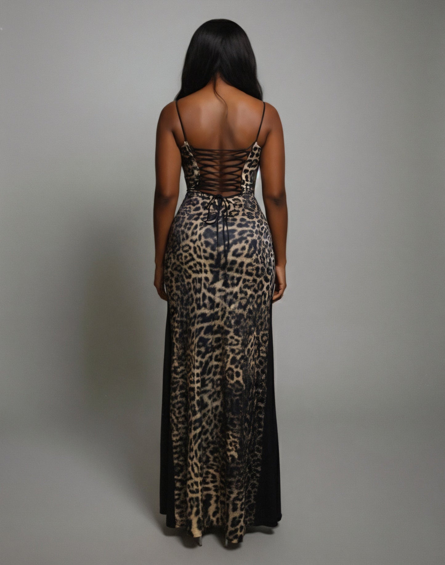 CAITLYN Leopard Print Lace-up Waist Maxi Dress