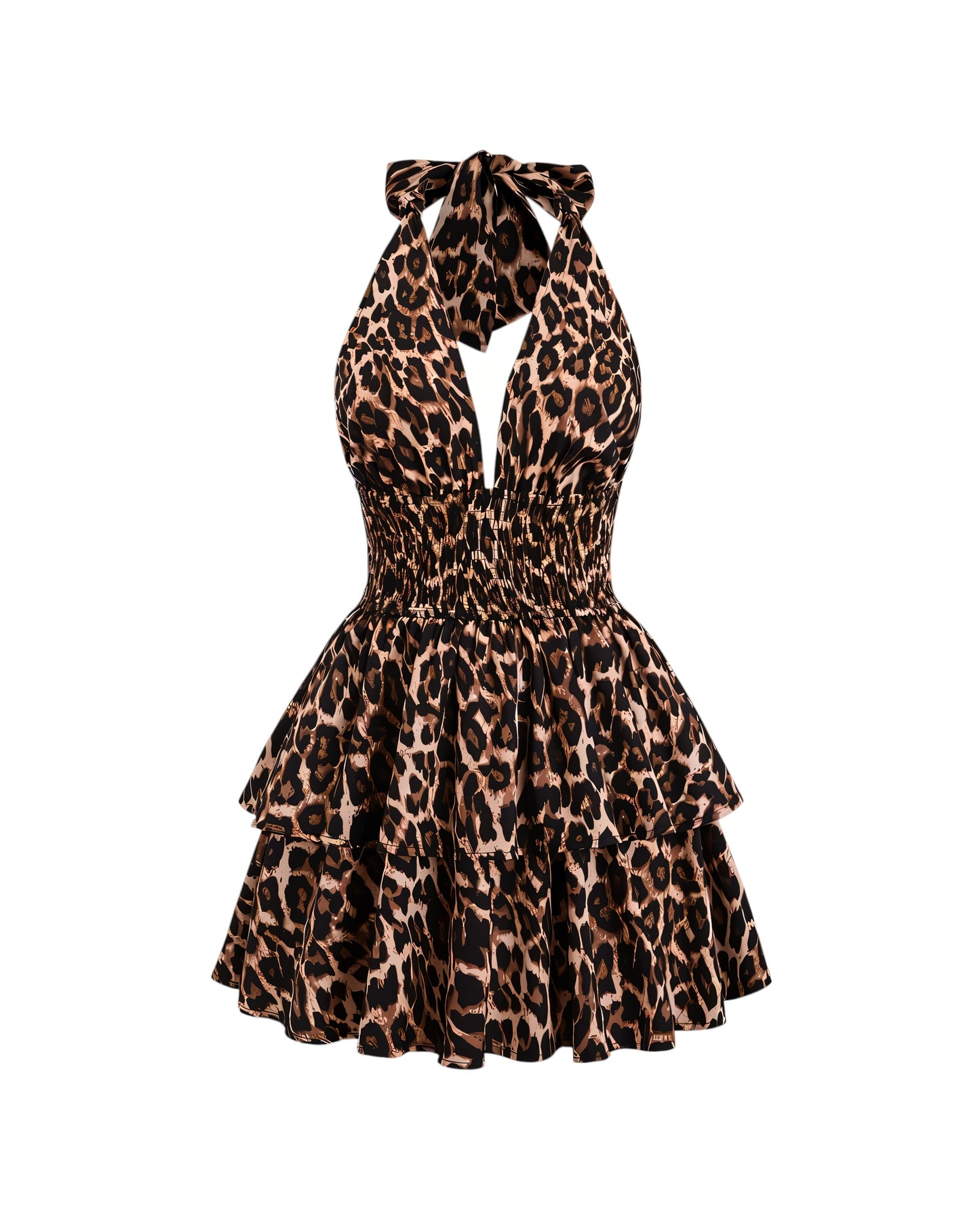 PEACHY Leopard Halter Ruffle Mini Dress