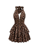 PEACHY Leopard Halter Ruffle Mini Dress