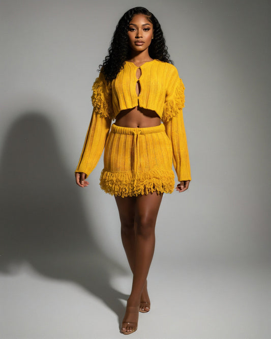 FLORINE Knit Fringe Cardigan & Skirt Set