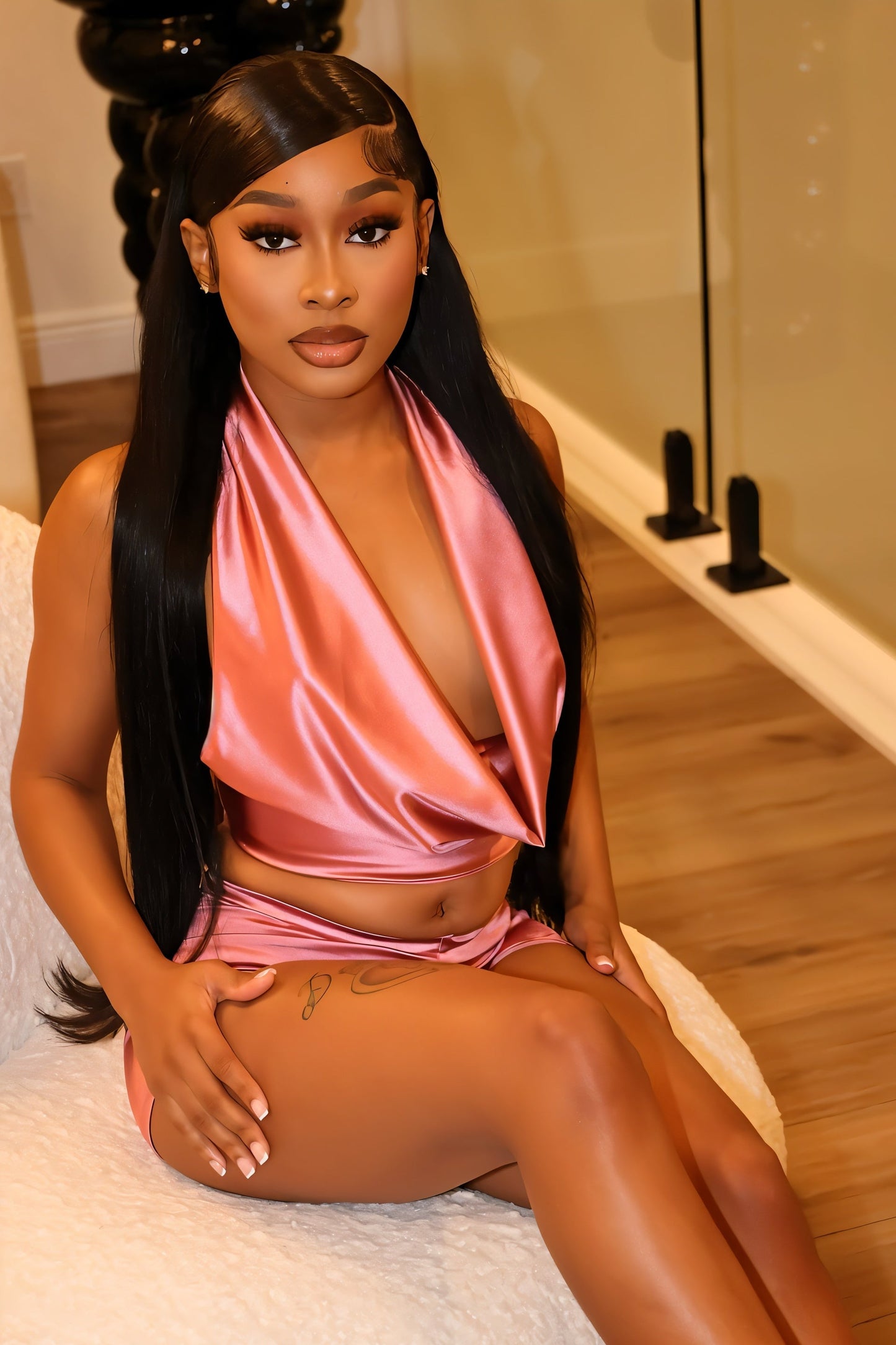 DIORA Halter Cowl Neck Crop Top & High Waist Shorts Set