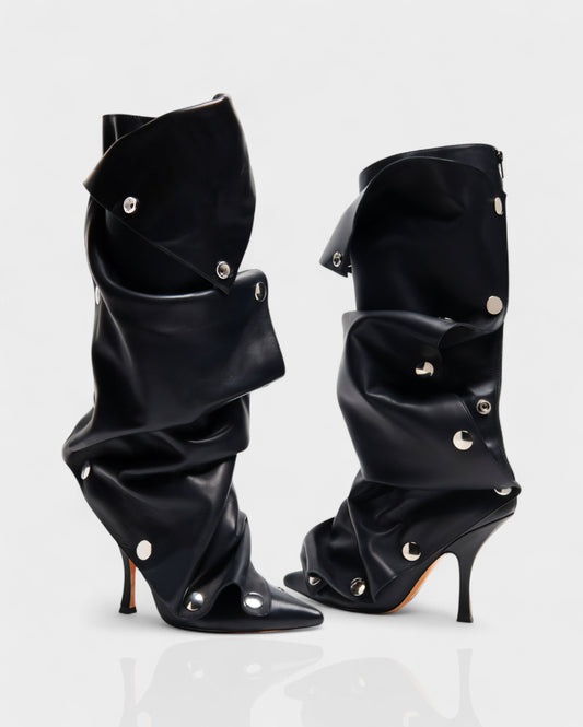 KIVARA Stiletto Heel Fold-Over Rivet Knee-High Boots