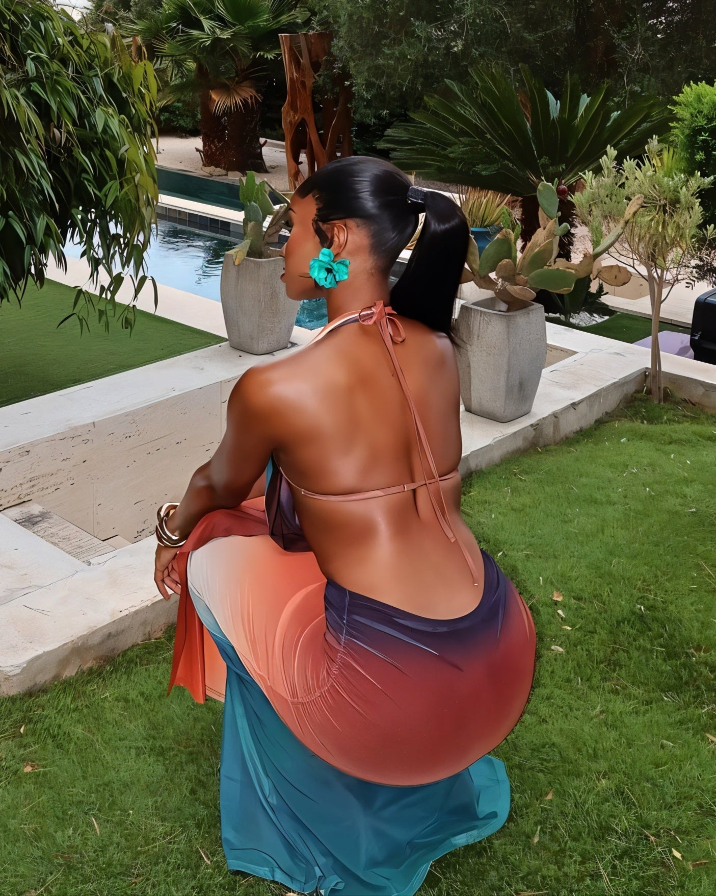 CHANEL Gradient Print Cowl Top and Maxi Skirt Set