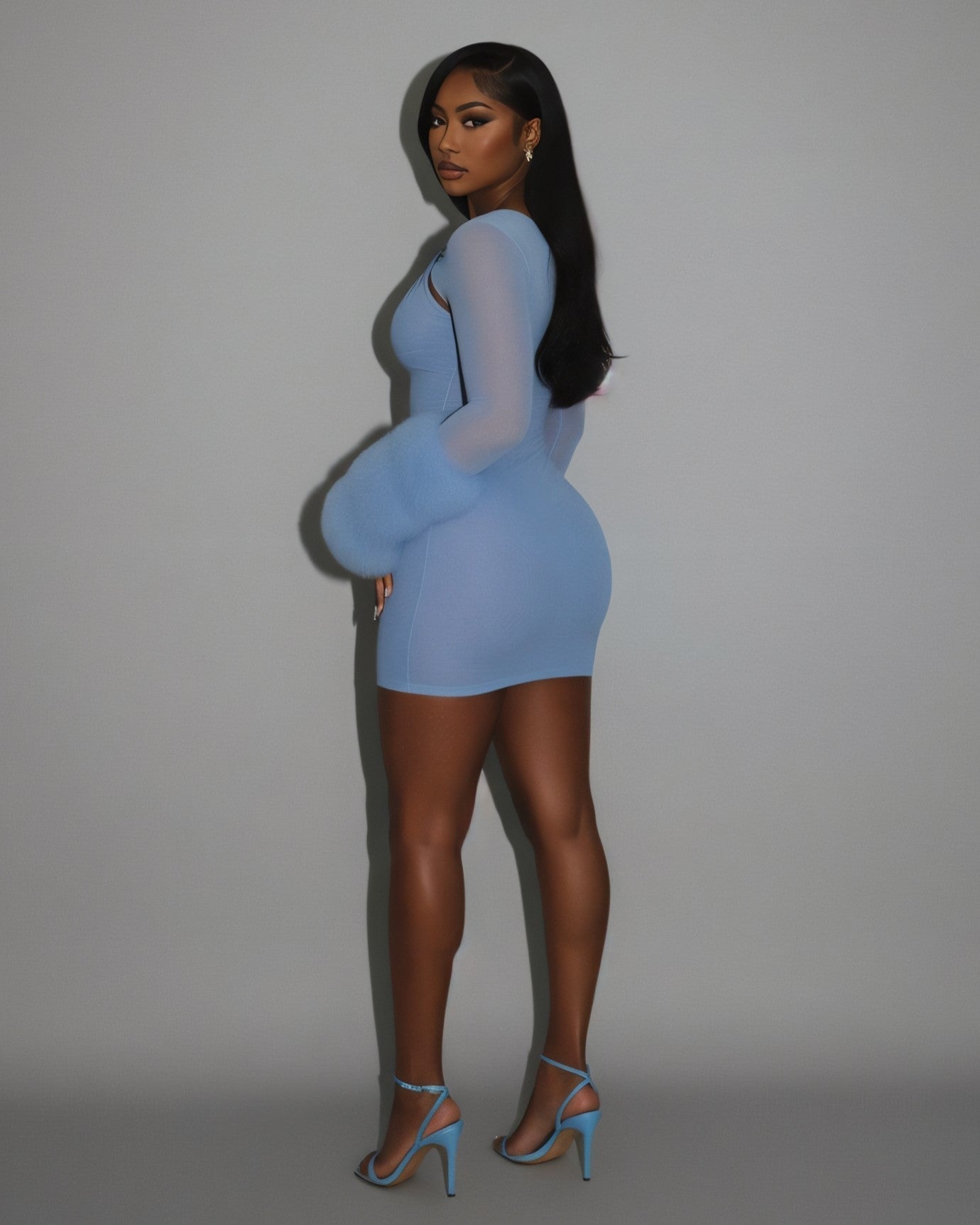 GALIENA Sheer Mesh Cutout Chiffon Cuffs Mini Dress