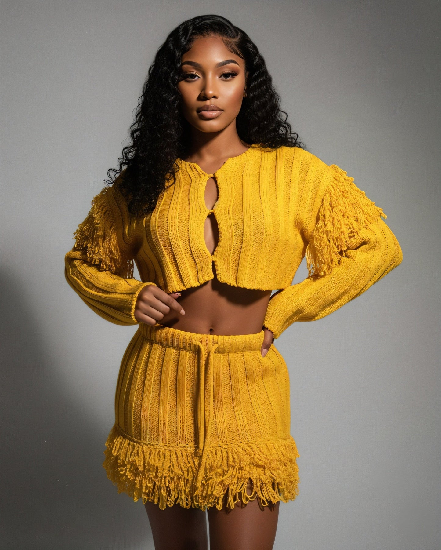 FLORINE Knit Fringe Cardigan & Skirt Set