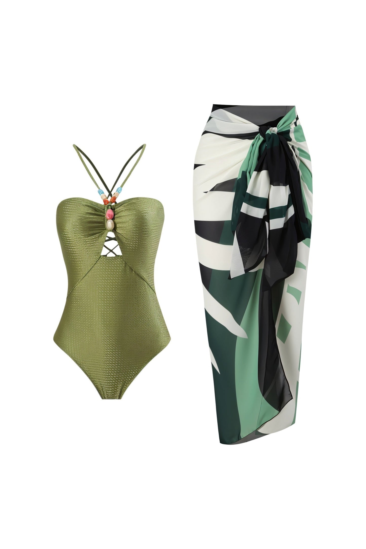 LOTTIE Beaded One-Piece Swimsuit & Tie Maxi Skirt Set