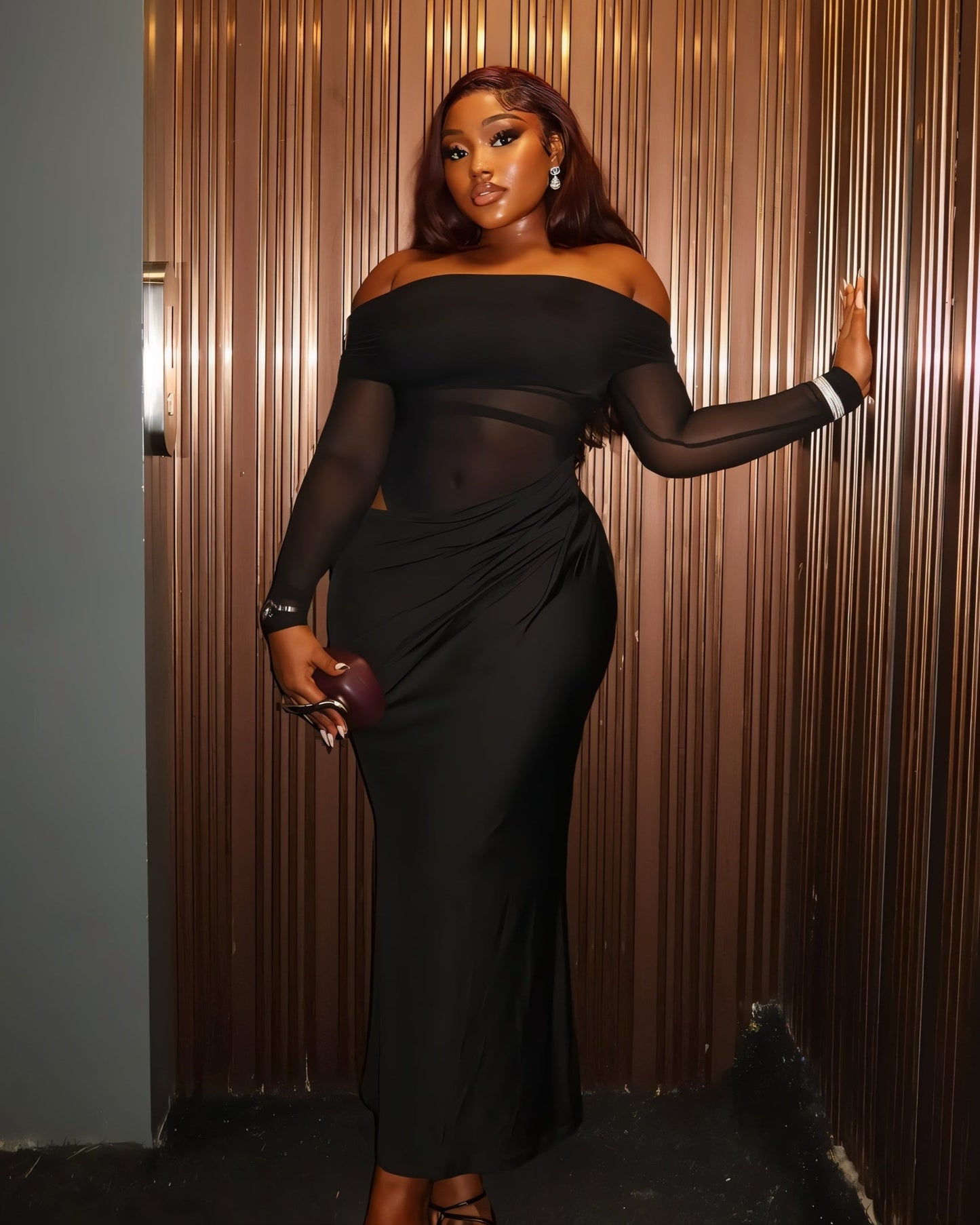 SHAINA Mesh Contrast Draped Maxi Dress