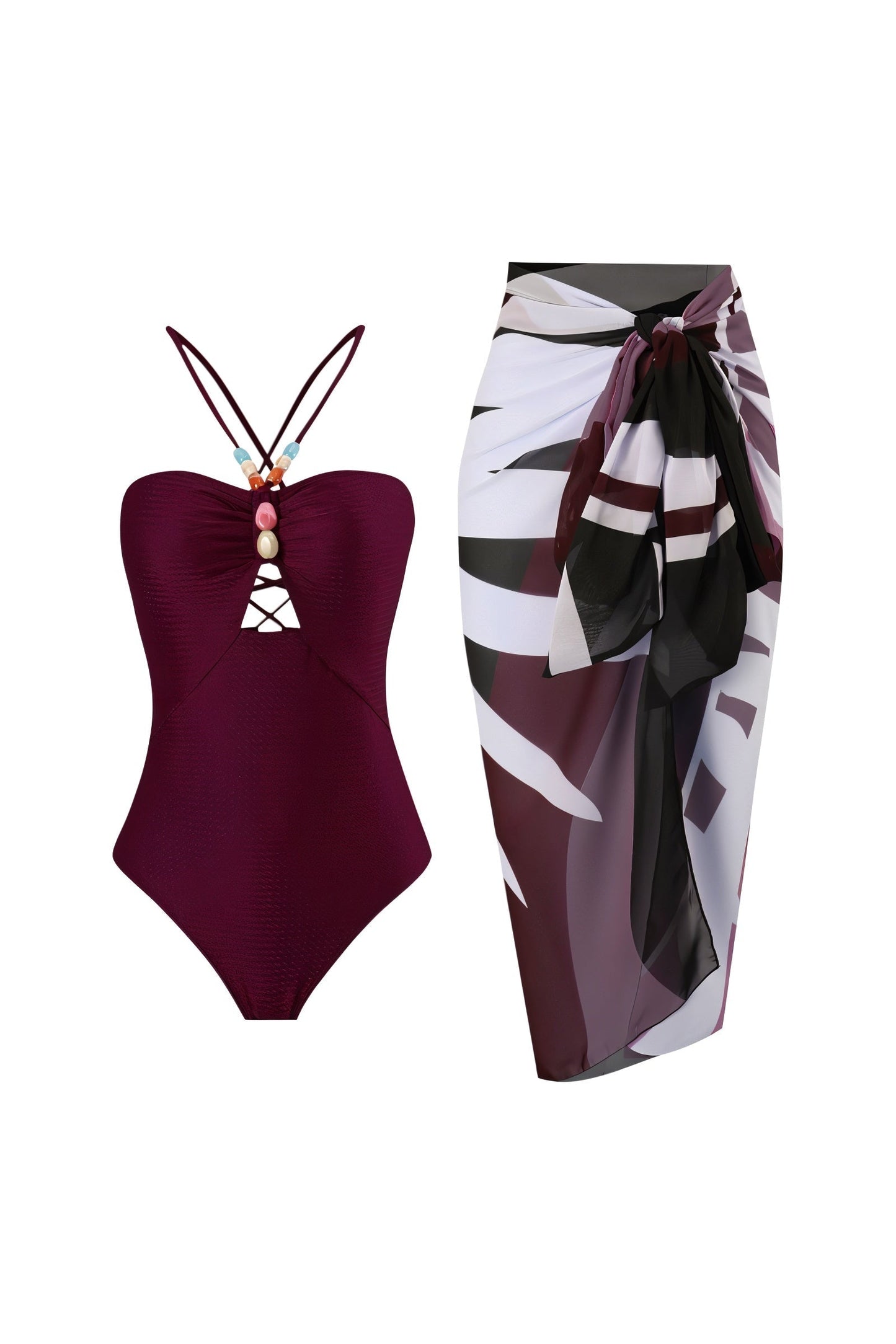 LOTTIE Beaded One-Piece Swimsuit & Tie Maxi Skirt Set
