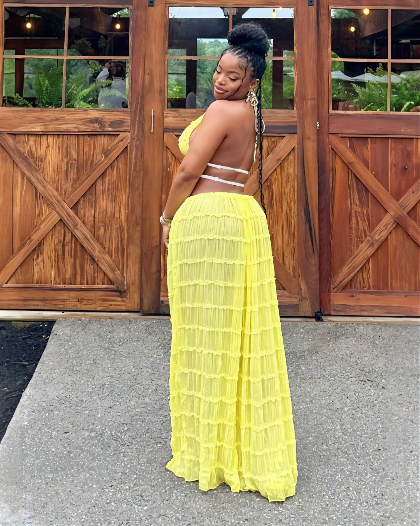 CHRISTINE Sheer Ruched Halter Top and Maxi Skirt Set