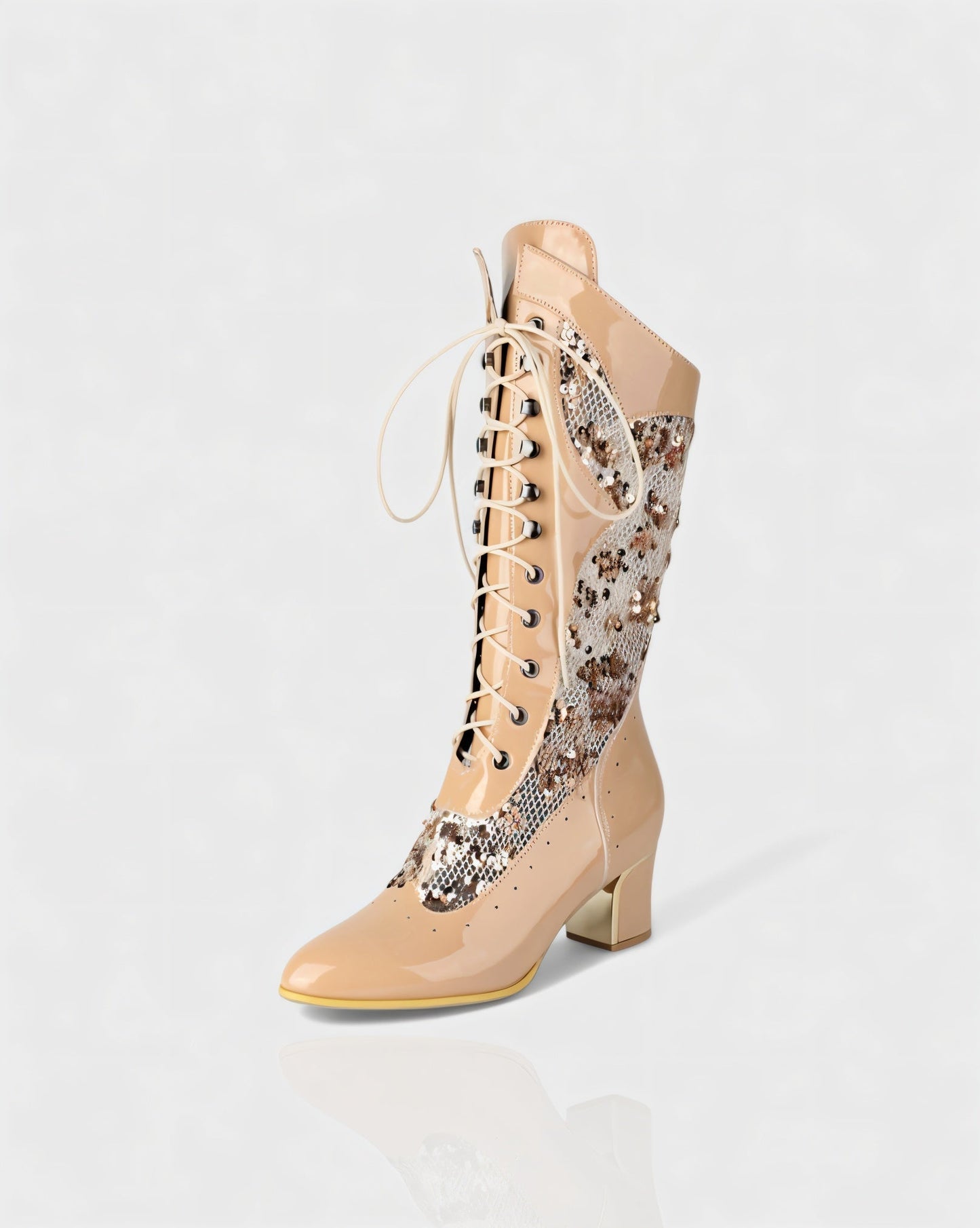 AROLA Lace-Up Embroidered Mid-Calf Boots