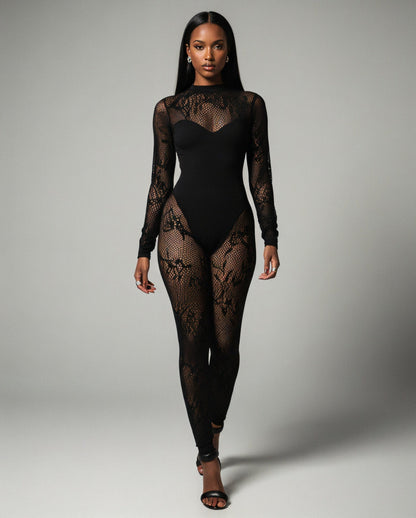 LARYA Sheer Lace Mesh Net Jumpsuit