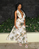 NOEMI Abstract Print Cowl Halter Top & Maxi Skirt Set