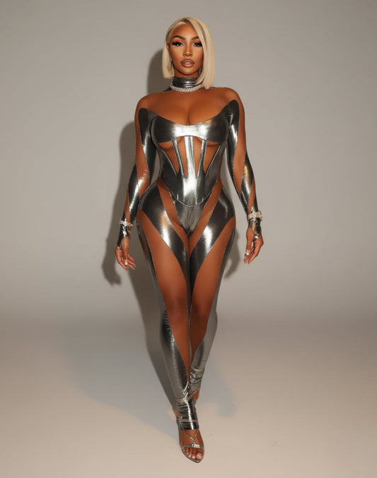 SHAYA Mesh & Metallic Cutout Jumpsuit