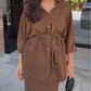 Brown Long-sleeved Tie-Drawstring Shirt and Skirt Set
