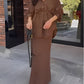 Brown Long-sleeved Tie-Drawstring Shirt and Skirt Set