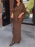 Brown Long-sleeved Tie-Drawstring Shirt and Skirt Set
