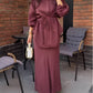 Red Long-sleeved Tie-Drawstring Shirt and Skirt Set